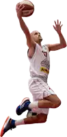 a basketball player is jumping in the air with a wilson basketball in his hands