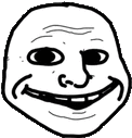 a black and white drawing of a troll face with a big smile on it .