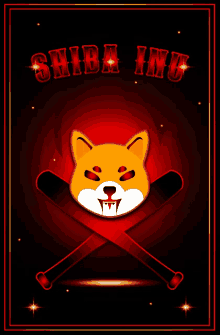 a poster for shiba inu with a cartoon dog and crossed bats