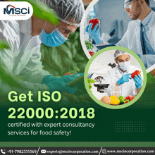 a poster for msci that says get iso 22000 : 2018 certified with expert consultancy services for food safety