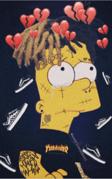 a cartoon of bart simpson with a thrasher logo on his shirt