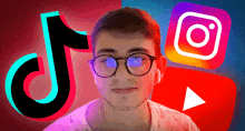 a young man wearing glasses is standing in front of a tiktok and instagram logo