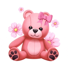 a pink teddy bear with a pink bow on its head surrounded by pink flowers