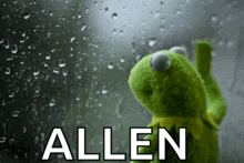 a kermit the frog looking out a window with the name allen written on it