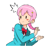 a cartoon drawing of a girl with pink hair and a bow tie