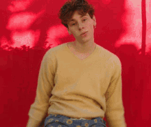 a young man wearing a yellow sweater and blue pants stands in front of a red background