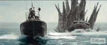 a boat is floating on top of a large body of water next to a monster .