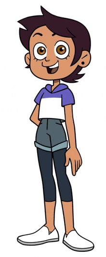 luz from the owl house is wearing a purple and white striped shirt and shorts .