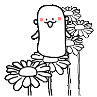 a cartoon character is peeking out from behind a bunch of daisies .