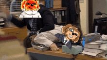 a man laying on a desk with a cartoon of a dog on his head