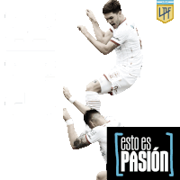 two soccer players are jumping in the air with a logo that says esto es pasión