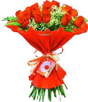 a bouquet of red roses is wrapped in red paper and has a tag that says la rosa