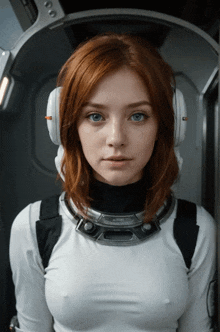 a woman with red hair and blue eyes wearing headphones and a helmet