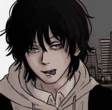 a drawing of a boy with long black hair and a hoodie sticking his tongue out .