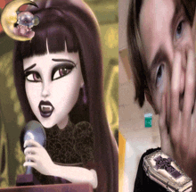 a picture of a monster high doll and a picture of a person covering their face