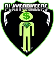 a logo for playforkeeps shows a man with a bag of money and a diamond