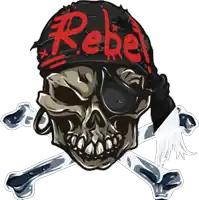 a pirate skull wearing a bandana that says rebel