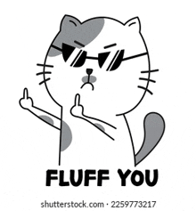 a cat wearing sunglasses is giving the middle finger and saying fluff you .