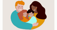 a family is hugging each other and smiling with their eyes closed .