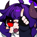 a cartoon character with purple hair and horns is giving a thumbs up sign .