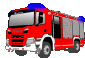 a cartoon drawing of a red fire truck with blue lights on top .