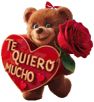 a teddy bear holding a red rose and a heart that says te quiero mucho