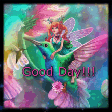 a picture of a fairy sitting on a hummingbird with the words good day written on the bottom