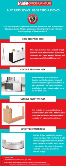 an advertisement for fast office furniture shows a variety of reception desks