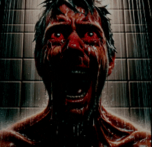 a man with red eyes is taking a shower with his mouth open