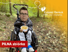 a young boy in a wheelchair eating cereal