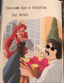 a cartoon of a man giving a gift to a little mermaid named doo has a surprise for ariel