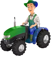 a cartoon of a farmer sitting on a green tractor