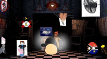 a cartoon character is standing in a dark room with a checkered floor and a fan hanging from the ceiling .