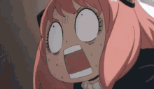 a girl with pink hair is making a surprised face with her mouth wide open