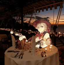 a woman in a red hat sits at a table