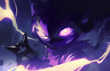 a purple monster with glowing eyes and a sword