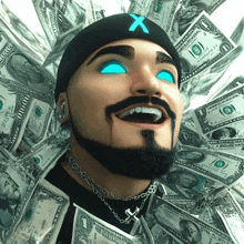 a man wearing a black hat with a blue x on it is surrounded by dollar bills