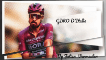 a poster for giro d' italia shows a man wearing a red jersey