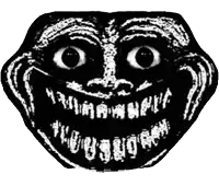 a black and white drawing of a troll face with big teeth and a smile .