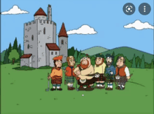 a group of cartoon characters in kilts are standing in front of a castle