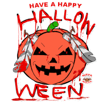 a poster that says have a happy halloween ween with a bloody pumpkin