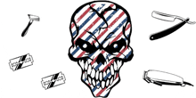 a skull with a barber 's razor on it surrounded by razor blades