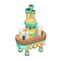 a cartoon character is sitting on a wooden table with three pipes on top