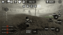 a black and white screenshot of a video game with a time of 106:13