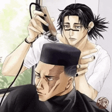 a man is getting his hair cut by a man wearing a black hat