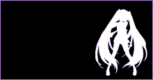 a silhouette of hatsune miku with long hair on a black background .