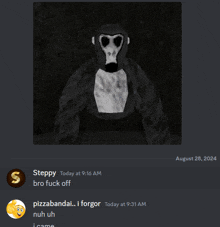 a screenshot of a conversation between steppy and pizzabandai on august 28th