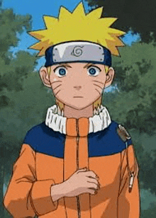 naruto is a cartoon character from the anime naruto . he is wearing a headband and a jacket .