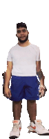 a man in a white shirt and blue shorts is standing on a white background