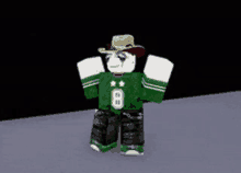 a cartoon character wearing a green shirt with the number 8 on it